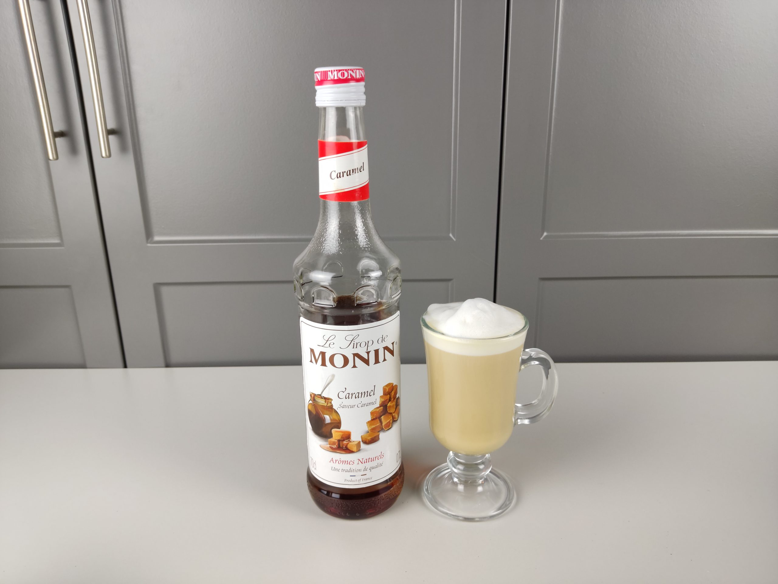 Monin caramel syrup and aeropress latte
