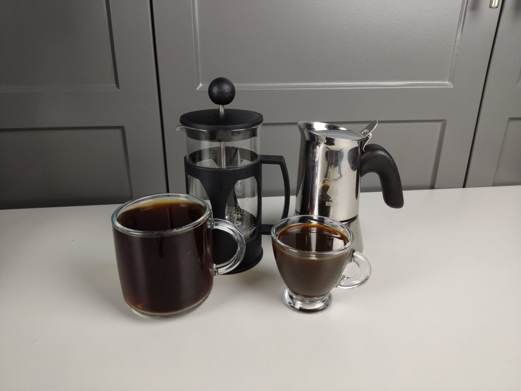 French press, moka pot and coffee