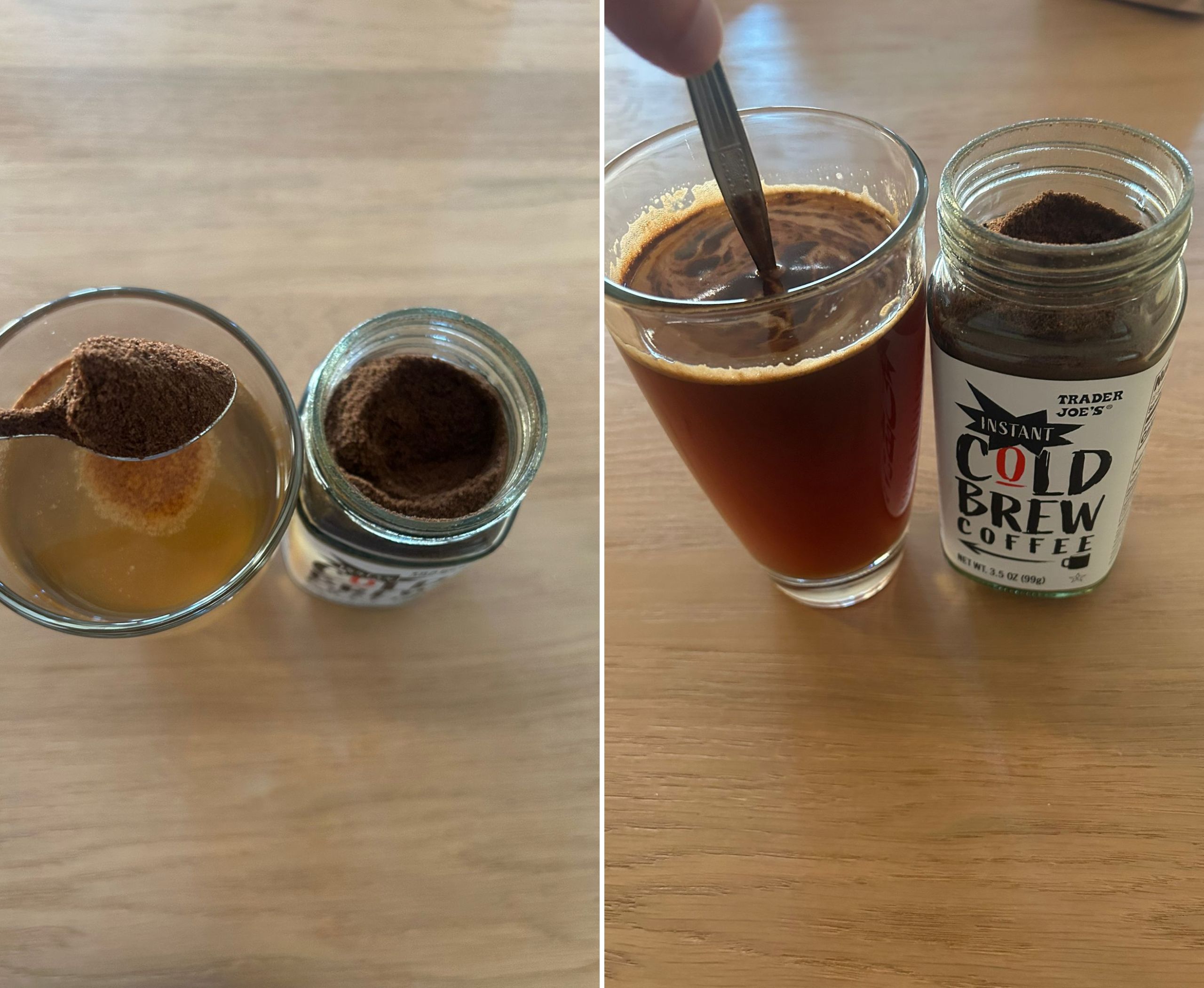 Step 2 to Make Trader Joe's Instant Cold Brew Coffee - Add the Instant Cold Brew and Stir Until Dissolved