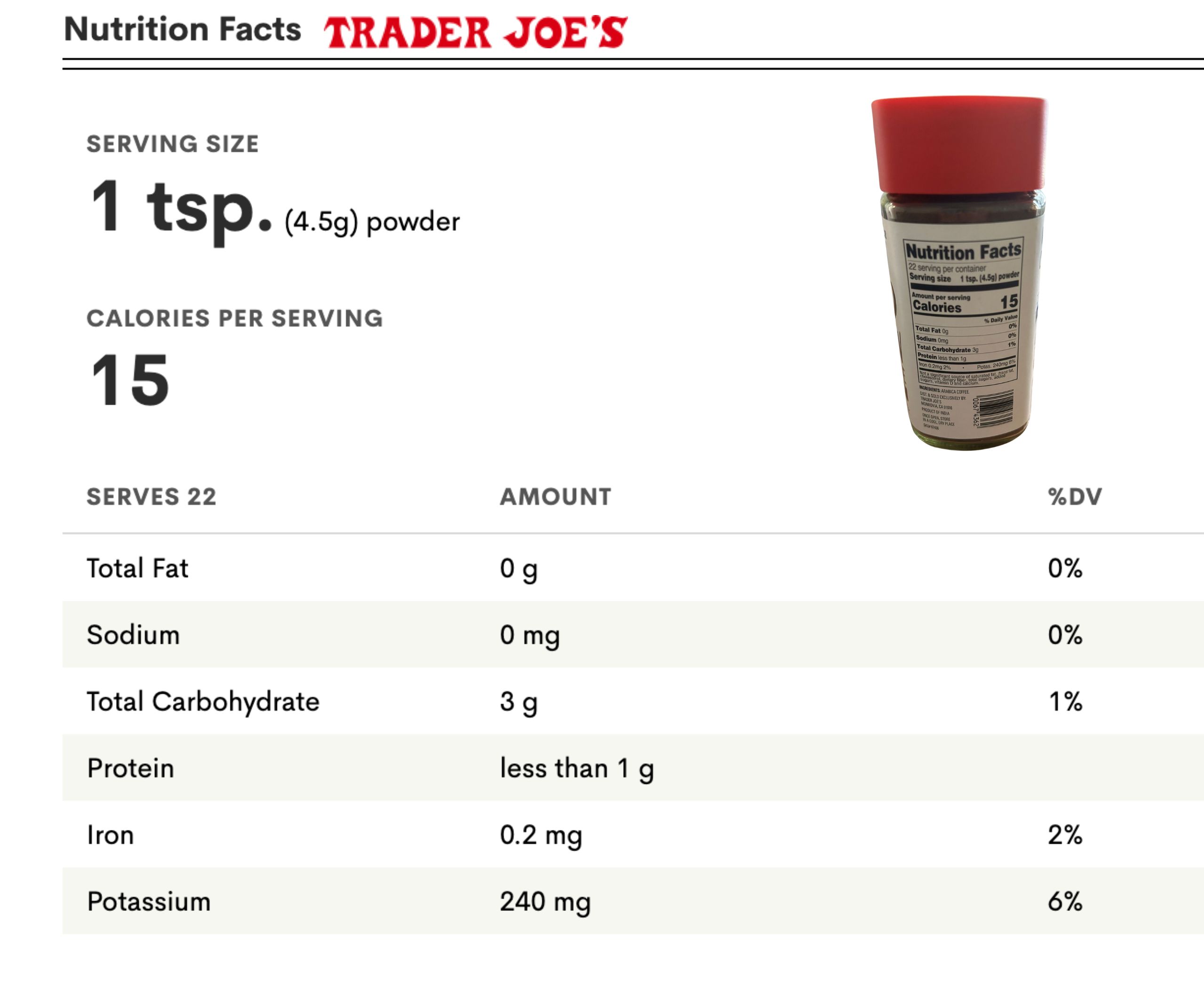 Trader Joe's Instant Cold Brew Nutrition Facts