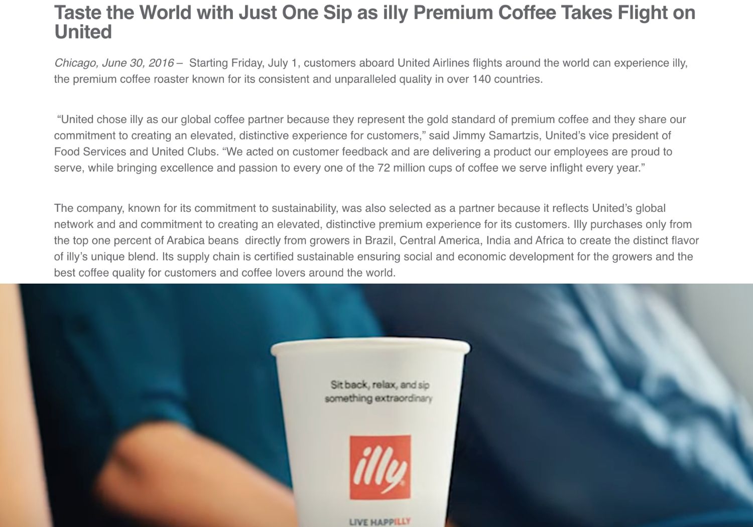 United Airlines serves Illy coffee on their flights