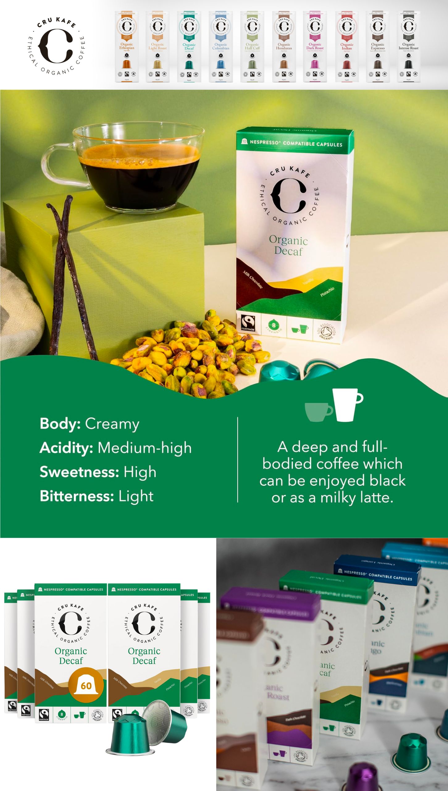CRU Kafe Organic Nespresso Compatible Decaf Coffee Capsules