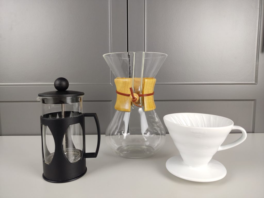 French press, chemex and hario v60