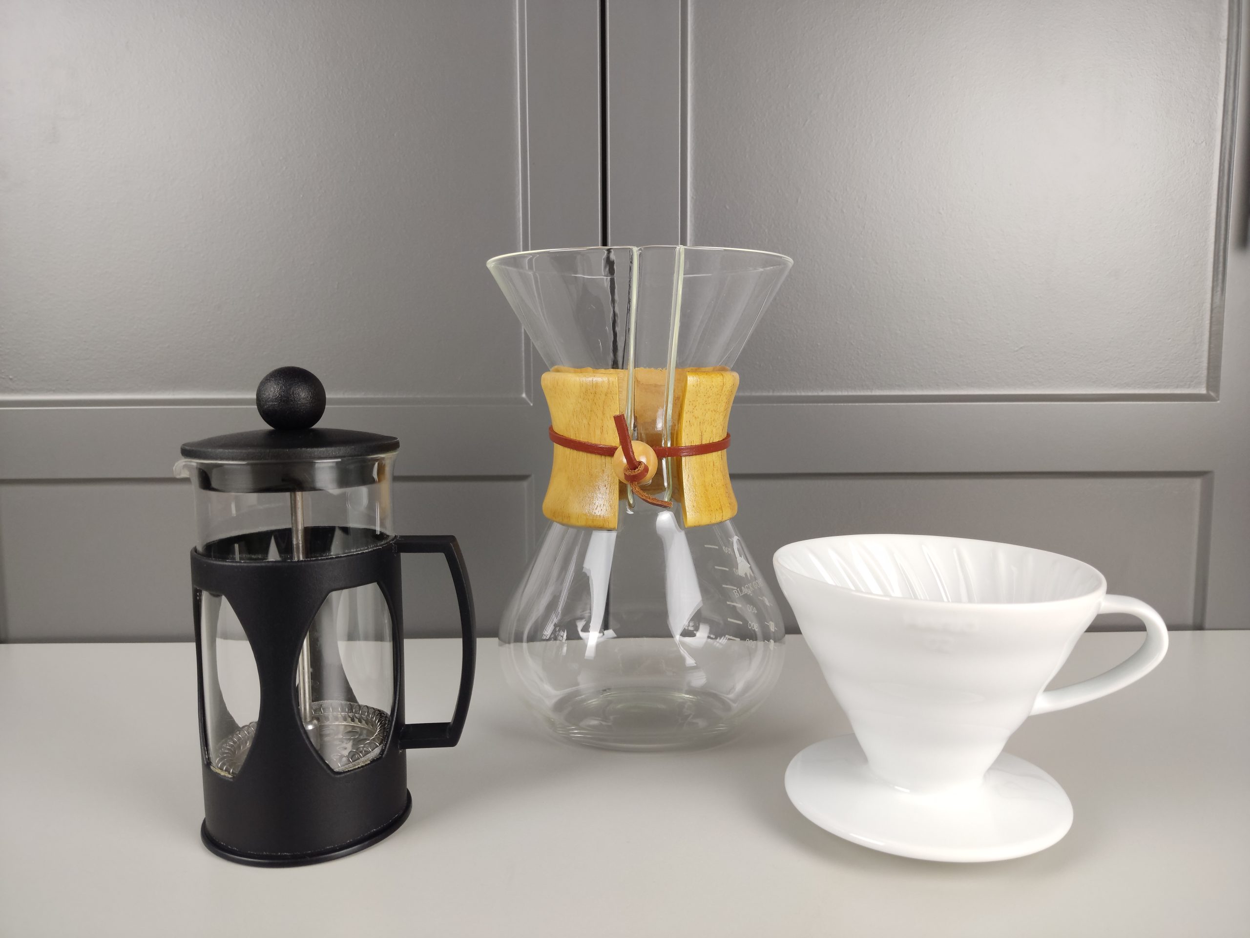 French press, chemex and hario v60