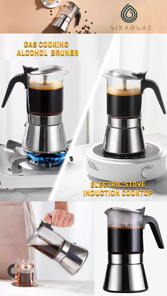 SIXAQUAE Glass-Top Stovetop Moka Pot Espresso Maker